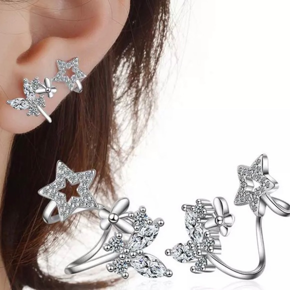 925 Silver CZ Butterflies and Stars Wrap Earrings - Picture 1 of 5